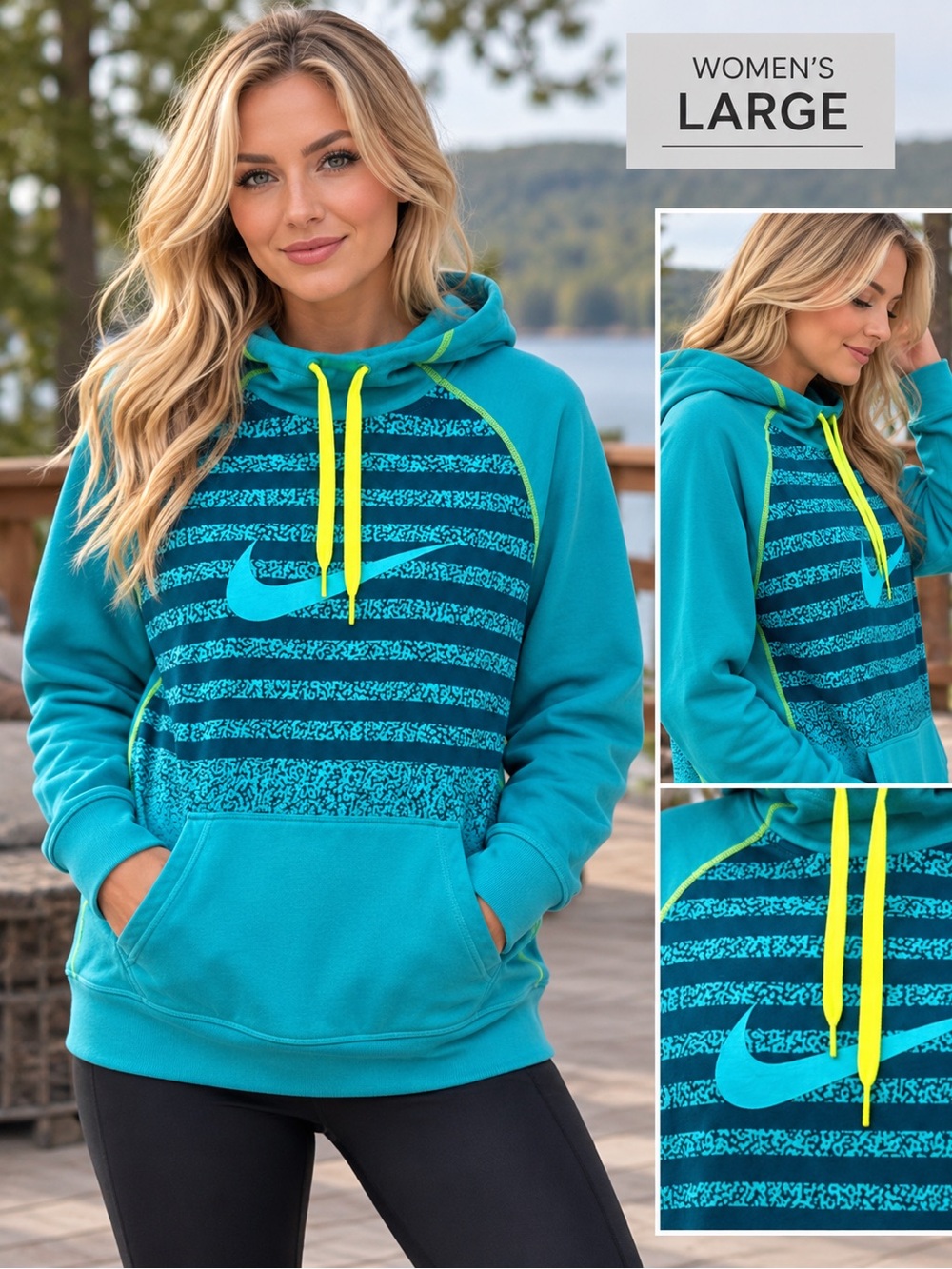 Nike Women's Teal Striped Hoodie with Neon Yellow Drawstrings